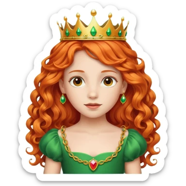 girl kid, Princess with long curly red orange hair, green dress, small crown sticker