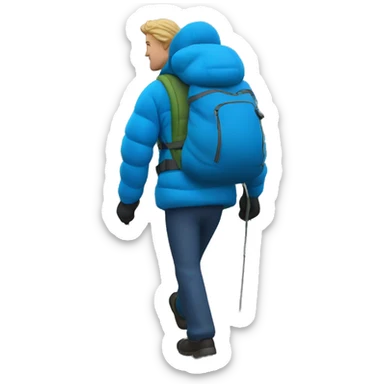 A man hiking up a hill with a bag on and a blue puffer coat  sticker