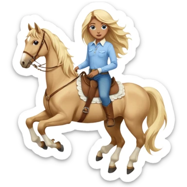 Brown girl with blue eyes and very, very long blonde/gold hair that’s blowing in the wind wearing a cream colored collared long sleeve shirt and jeans with brown boots on top of a brown horse, don’t show it’s legs  sticker