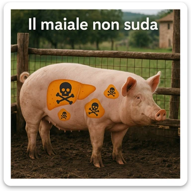 pig in a pen with toxin symbols accumulating in liver and tissues, no sweat traces, rural environment, Italian text: 'Il maiale non suda', 4K quality sticker