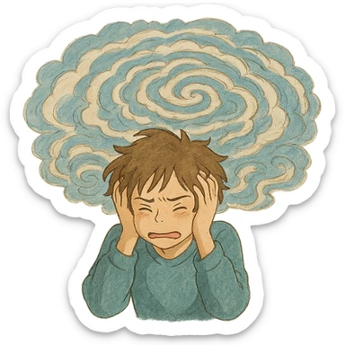 person holding head overwhelmed by swirling thoughts in ghibli style sticker