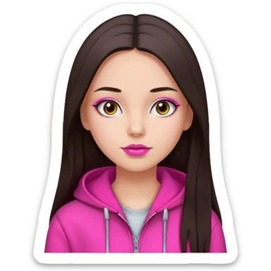 generate a pretty fair bratz girl with dark brown eyes, dark brown hair straight long. Wearing a hot pink zipper hoodie, pink lipgloss sticker