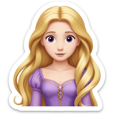 Cinematic Elegant Rapunzel Portrait Emoji, rendered in a realistic, vector-style with minimal shading and bold, simplified shapes. Depict Rapunzel (chest and above) with fair, porcelain skin, long, flowing golden hair cascading gracefully, and soft, gentle eyes, wearing her iconic light purple gown. The image glows with a soft, enchanting radiance and high shine, capturing timeless fairy-tale beauty. sticker