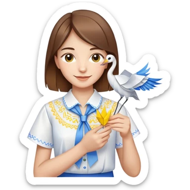 Happy Ukrainian young girl with brown hair in a white embroidered shirt holds an origami yellow and blue crane sticker