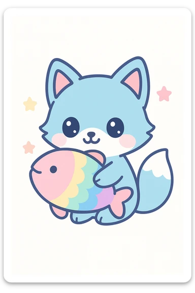 cute blue fox hugging a rainbow fish in kawaii cartoon style sticker