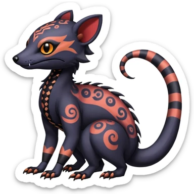 Rare warm-colored exotic gloomy tropical edgy cute epic aesthetic spooky  gothic colorful Salandit-Noibat-Civet-species-Fakemon-hybrid-creature, with tribal tattoo markings, full body sticker