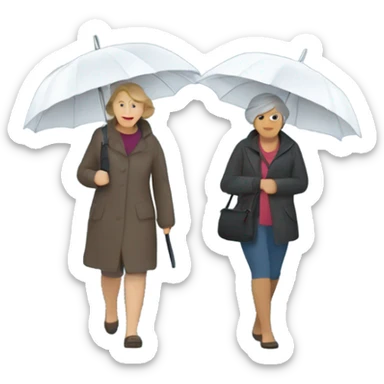 Two middle-aged women walking in heavy rain with umbrellas sticker