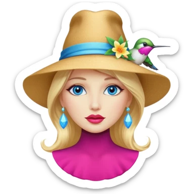 bust woman long blonde hair blue eyes white skin with hummingbird hat and nectar glow lips sticker