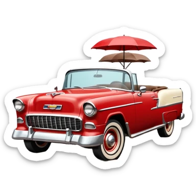 1955 Chevrolet Bel Air Convertible, Red-White color, with a bucket of brown mud pouring down on it, and the car itself is covered in brown mud on all sides, the doors, bumper, hood and wheels are covered in brown mud. 32x32 pixels, aspect ratio: 1:1 sticker