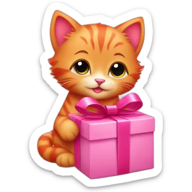 cute red kitten with a pink gift in his paws sticker