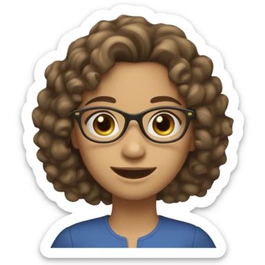 A fair-skinned girl, wearing blue plastic glasses, her hair is curly, she has a beautiful smile, and her left eyebrow is slit. She has dark hazel eyes, her hair is brown and curly, and she wears an olive-coloured blouse sticker
