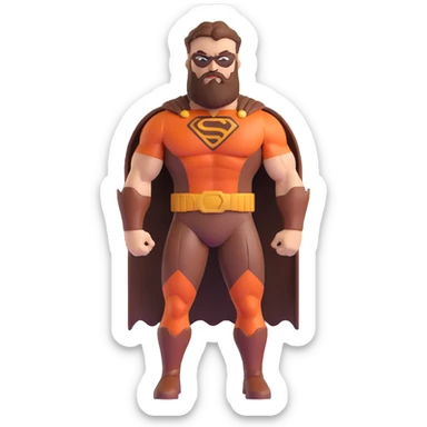 muscular superhero in brown and auburn costume, beard-shaped logo, comb-shaped belt, magnificent beard sticker