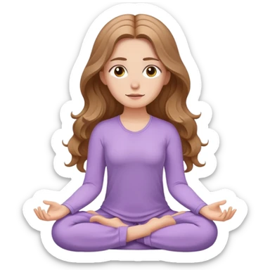White girl, with long wavy light brown hair and hazel eyes, meditating wearing lilac sticker