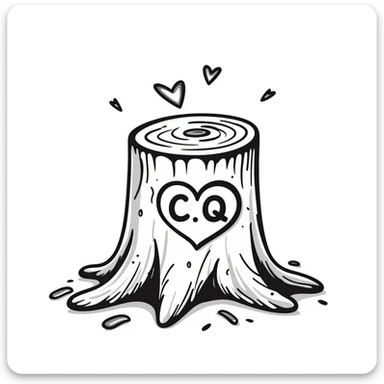 Replace the words 'Chaos King' and 'Chaos Queen' with the initials 'CK' and 'CQ' etched in a dramatic, energetic style in the heart on the tree stump, wood shavings around, hand-drawn doodle style. sticker
