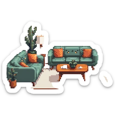 escenary 3d of a cozy mid-century living room with two people working on laptops, one man standing at a desk, and one woman sitting on a couch sticker
