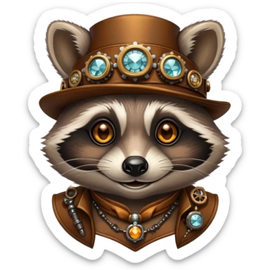Steampunk style illustration depicting a happy raccoon with tanned skin, adorned with amber and diamonds sticker