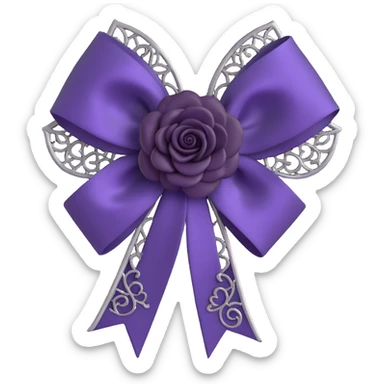 gothic bow, deep purple satin, silver filigree, black rose accent, elegant and moody sticker