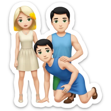 King, man, upright, black Hair, blue eyes, whole body, Woman, bending knees, blonde, green eyes, sleveless White Dress, sticker