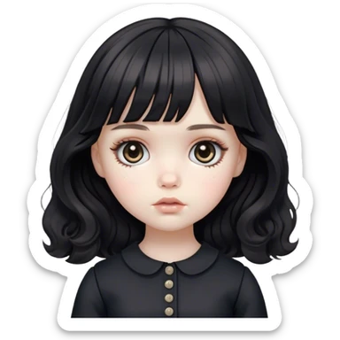 a very pale sad feminine white girl with medium length black wavy hair with bangs with big light brown eyes looking like a porcelain doll with black clothes sticker