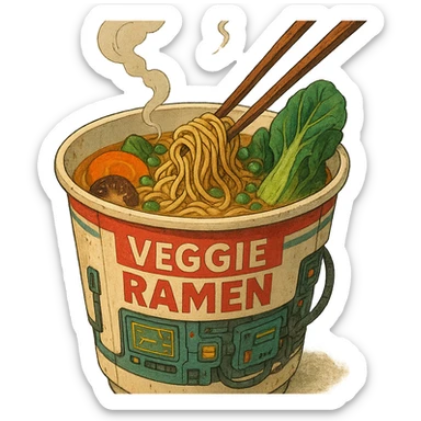 cyberpunk futuristic, scifi, a bowl of delicious veggie , ramen, 1990s, paper cup, classic style branding sticker