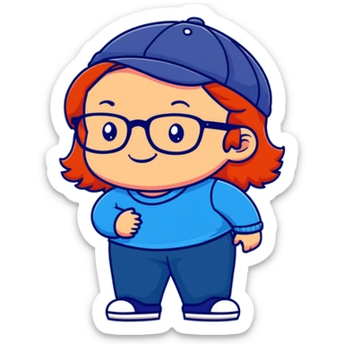 Young person with red hair, glasses, earrings and a wonderful smile, wearing blue clothes, jeans and a cap sticker