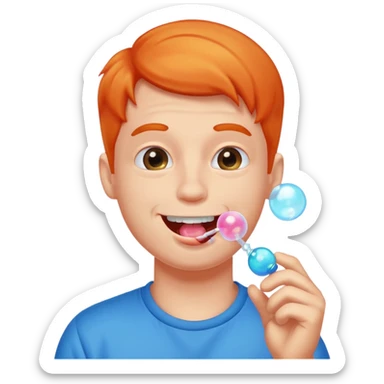 the guy is chewing gum and make a buuble sticker