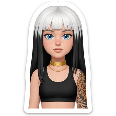 Emoji with blue eyes girl with long black and white hair wearing a gold choker neckless wearing black sports bra tiger tattoo on right arm sticker