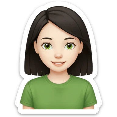 Young girl with straight, dark hair, damaged and unattractive, wearing a green T-shirt, looking happy and cheerful. sticker