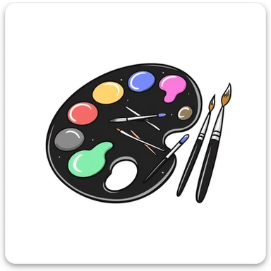 Detailed artist's palette with colorful paint blobs, palette holes, and paintbrushes nearby. Detailed and intricate doodle style. sticker