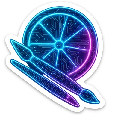 Transform the Paint Tool SAI logo into a cyberpunk, holographic style with glowing neon blue and pink edges, circuit patterns throughout the entire icon, and a transparent background. Maintain the recognizable elements of the logo (the citrus slice and paintbrushes), overlaying neon and circuit effects in the same futuristic, clean style as previous cyberpunk icons. The whole icon should have a consistent cyberpunk glow and intricate circuit details in a futuristic, clean style. sticker