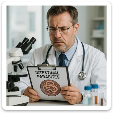 realistic image of an American doctor studying intestinal parasites in a medical setting, focused expression, lab equipment visible sticker
