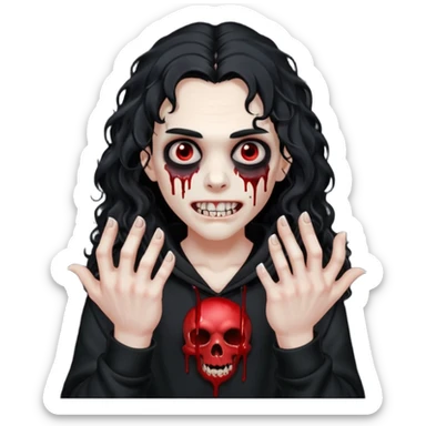 Vampire wearing a black hoodie with a skull logo on it, long curly hair that covers the forehead, fanged teeth and blood on hands sticker