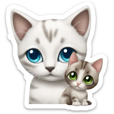 extremely cute kawaii white and gray siamese kitten with blue eyes, and brown tabby kitten with green eyes sticker