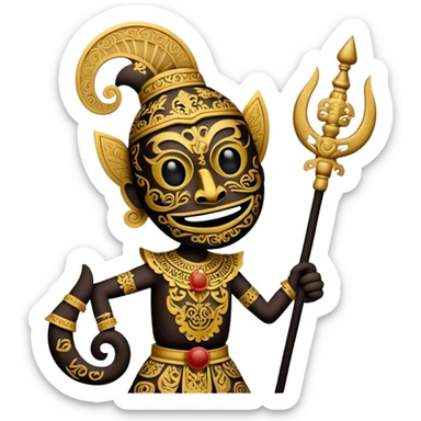 Cinematic Realistic Wayang Kulit Emoji, depicted as an intricate shadow puppet with detailed cut-out figures and traditional patterns, rendered with crisp textures and dynamic cultural lighting that captures its ancient artistry. sticker