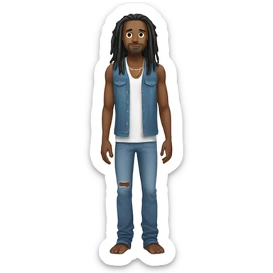 Indie Black man with white long dreadlocks, white tank top, blue flair jeans, barefoot, plain white background sticker