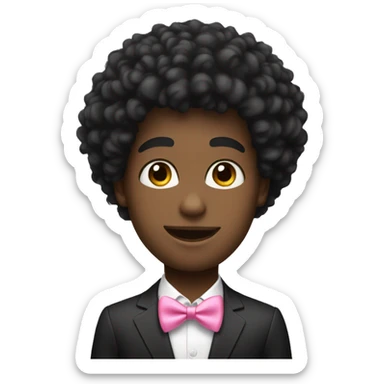 A black twink with an afro mullet in a suit, pretty face, a pink bow tie sticker