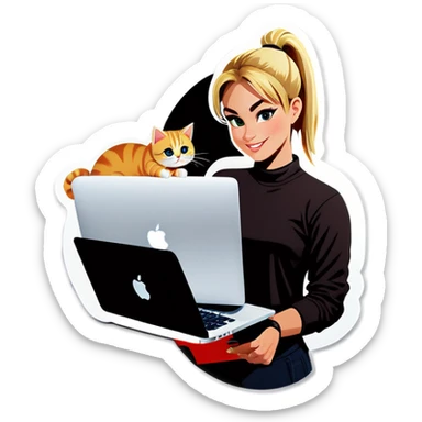 Blonde girl ponytail macBook and a cat sticker
