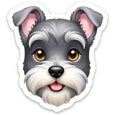 Cinematic Cute Miniature Schnauzer Portrait Emoji, Head cheerfully cocked with expressive, twinkling eyes and a neatly trimmed, adorable salt-and-pepper fur, simplified yet endearingly detailed, glowing with a bright, friendly radiance, high shine, exuding smart and spunky charm, styled with a delicate, whimsical outline, capturing the essence of a cute Miniature Schnauzer that appears ready to scamper off the screen with delightful energy! sticker