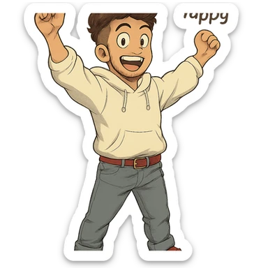 1 male, mid fade haircut dark chestnut brown curly hair, toasted lightskin, white hoodie sleeves up, gray fashion jeans, red fashion-sneakers shoes, red belt, short trimmed beard and goatee,  style of deku from "my hero academia",  "happy!" pose sticker