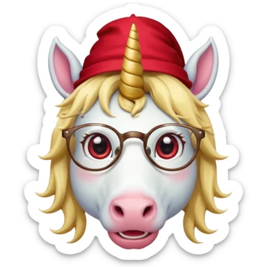 unicorn face cute wearing cute red hat, horn piercing through the hat looking in the camera, blond hair and spectacled. with big horn sticker