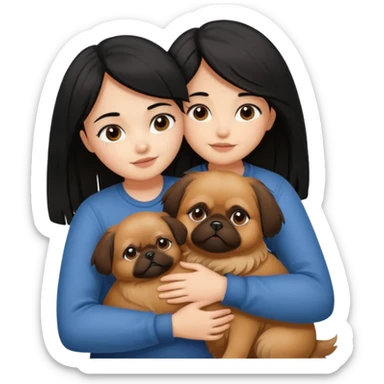 black hair girl hugging brown pegingese dog sticker