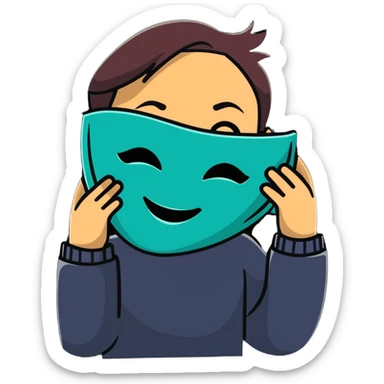 person holding a happy mask in front of their face, sad behind it sticker