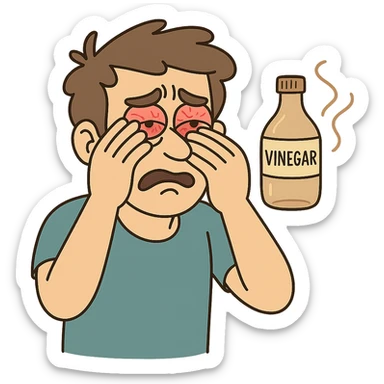 a person rubbing their eyes, eyes red and watery, showing discomfort after vinegar exposure, cartoon style sticker