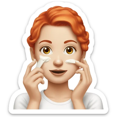 Bright red hair white girl applying cream on face sticker