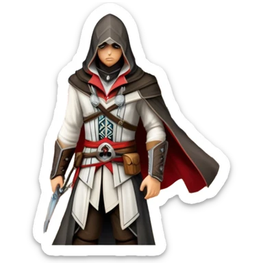icon featuring Assasin's Creed in an iconic assassin's hood, standing tall against the backdrop of Florence. The design captures the essence of adventure, with intricate details of historical architecture and a sense of mystery. The character is poised, ready for action. transparent background. sticker