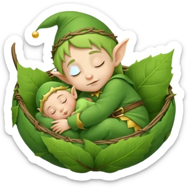 Baby elf sleeping in leaf cradle sticker