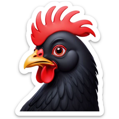 Cinematic Comical Black Chicken Portrait Emoji, Head tilted dramatically with an exaggeratedly amused expression, featuring a sleek, glossy black plumage with a bold red comb, wide, expressive beady eyes filled with playful disbelief, Simplified yet hilariously expressive features, highly detailed, glowing with a slightly sassy glow, high shine, dramatic yet playful, stylized with an air of cheeky mischief, bright and endearing, soft glowing outline, capturing the essence of a spirited and over-the-top chicken, so meme-worthy it feels like it could cluck its way into internet fame instantly! sticker