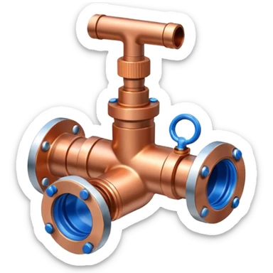 3D icon of connected copper pipes with a blue valve in the center, professional Pixar-like style, plumbing-focused, slightly shiny metallic textures, white background



 sticker