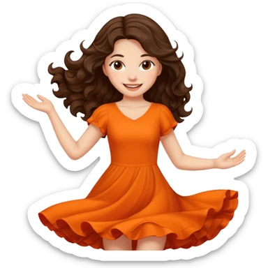 Long dark wavy hair women in orange standing twirling around sticker