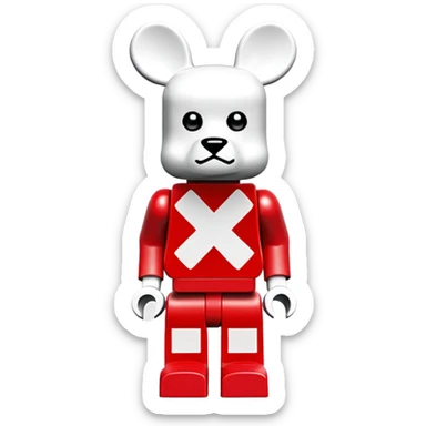 Lego bearbrick with X crosses for eyes, big ears, oversized boots, long limbs, exaggerated proportions, blocky Lego style sticker